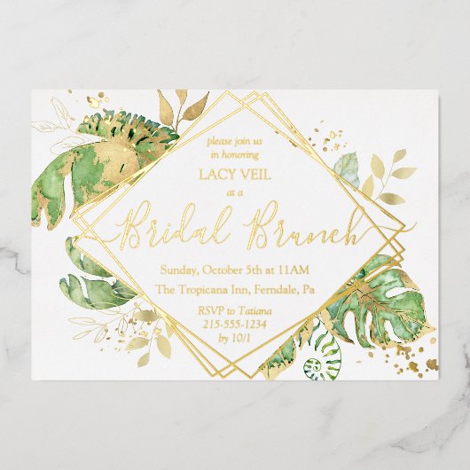 Elegant Tropical Gold Bridal Brunch Shower Gold Folie Uitnodiging (Voorkant)