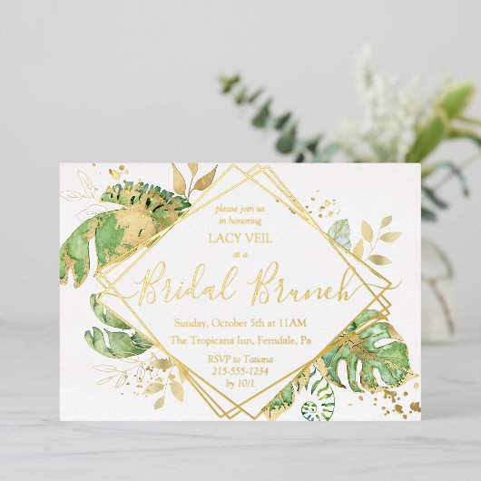 Elegant Tropical Gold Bridal Brunch Shower Gold Folie Uitnodiging (Staand Voorkant)