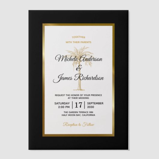 Elegant Tropical Gold Palm Tree Modern Wedding Vellum Uitnodigingen (Voorkant)