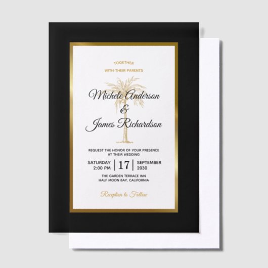 Elegant Tropical Gold Palm Tree Modern Wedding Vellum Uitnodigingen (Offset)