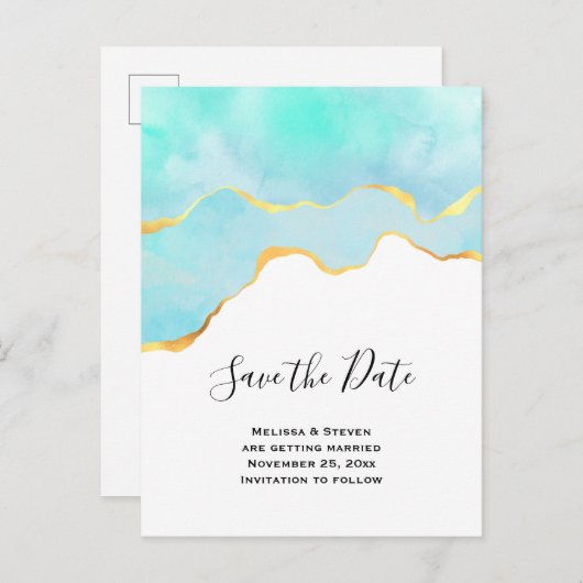 Elegant Tropical Green en Gold Save the Date Uitnodiging Briefkaart (Voorkant / Achterkant)