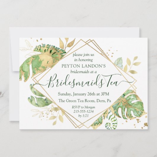 Elegant Tropical Green & Gold Bridesmaid Tea Party Kaart (Voorkant)