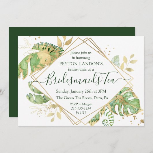 Elegant Tropical Green & Gold Bridesmaid Tea Party Kaart (Voorkant / Achterkant)