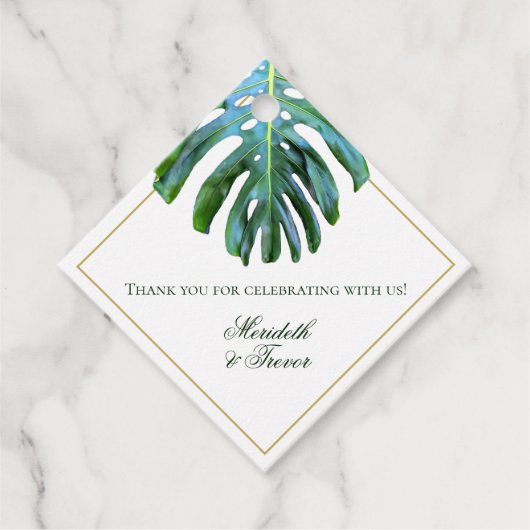 Elegant Tropical Green Gold Monstera Leaf Bedankjes Labels (Voorkant)