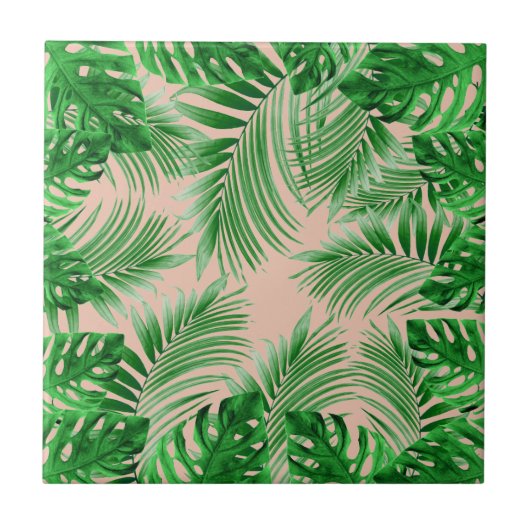 Elegant Tropical green palm leaves pattern pink ba Tegeltje (Voorkant)