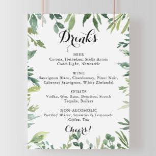 Elegant Tropical Green Wedding Drinken Menu Sign Poster