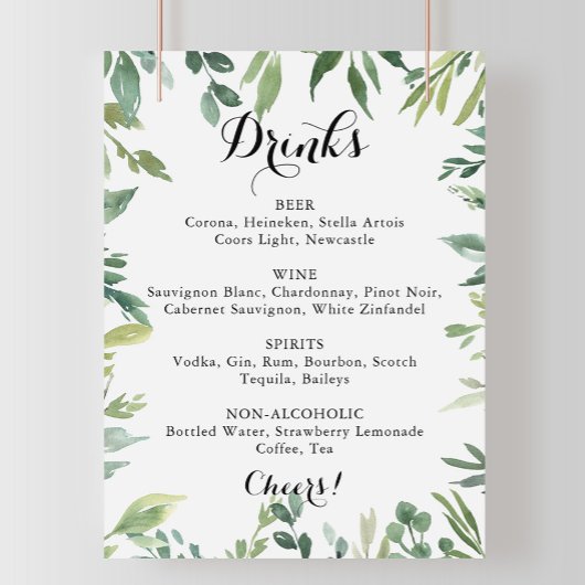 Elegant Tropical Green Wedding Drinken Menu Sign Poster