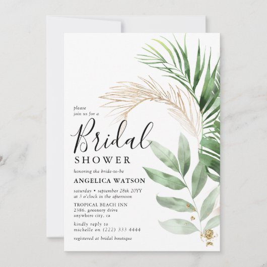 Elegant Tropical Greenery & Gold Vrijgezellenfeest Kaart (Voorkant)