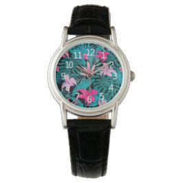 Elegant Tropical Hibiscus Flowers and Leaves | Horloge