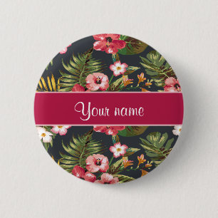 Elegant Tropical Hibiscus Flowers and Leaves Ronde Button 5,7 Cm