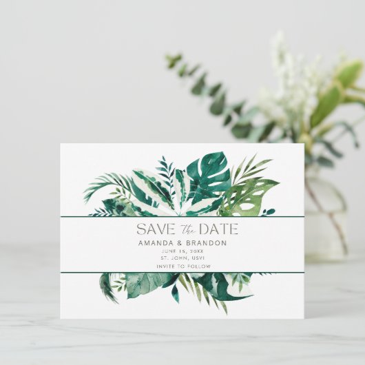 Elegant Tropical Leaf Photo Wedding Save the Date (Staand voorkant)