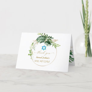 Elegant Tropical Leaves Gold Photo Bar Mitzvah Bedankkaart