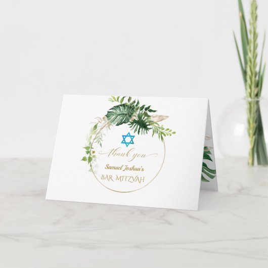 Elegant Tropical Leaves Gold Photo Bar Mitzvah Bedankkaart (Voorkant)