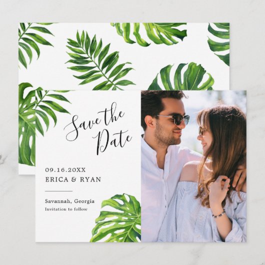 Elegant Tropical Leaves Photo Save the Date (Voorkant / Achterkant)