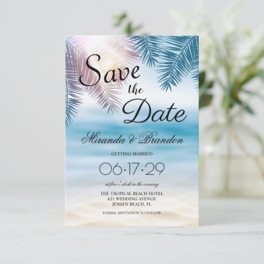 Elegant Tropical Ocean Summer Beach Wedding Save The Date (Staand voorkant)