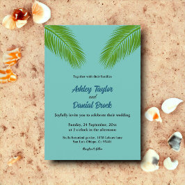 Elegant Tropical Palm Blue Coastal Beach Wedding Kaart
