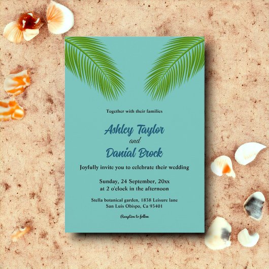 Elegant Tropical Palm Blue Coastal Beach Wedding Kaart