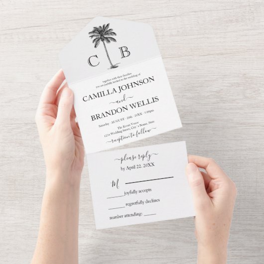 Elegant Tropical Palm Monograms Wedding All In One Uitnodiging (Afscheurbaar)