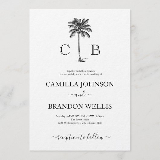 Elegant Tropical Palm Monograms Wedding Kaart (Voorkant)