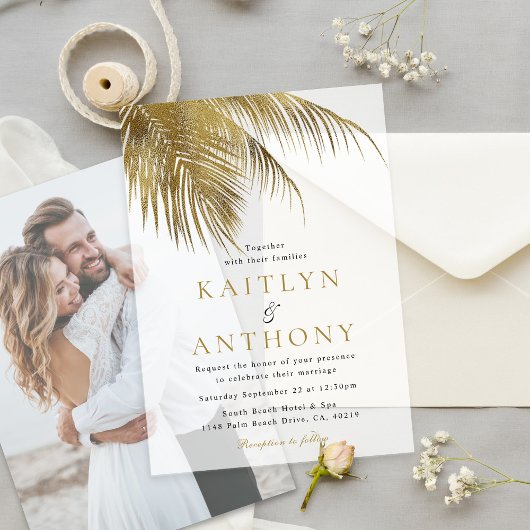 Elegant Tropical Palm Tree Beach Wedding Vellum Uitnodigingen