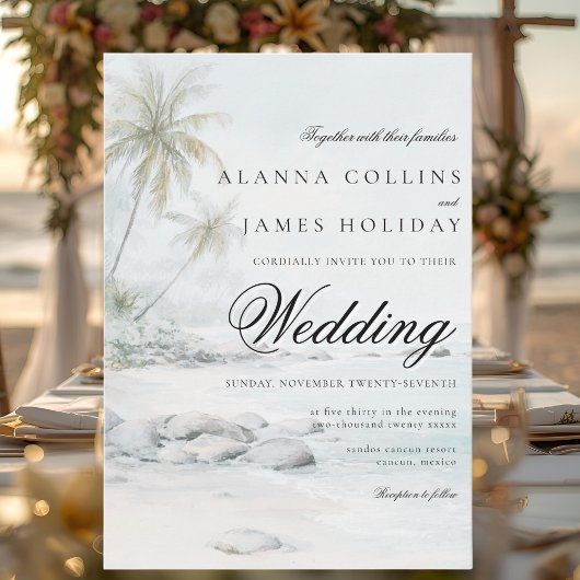 Elegant Tropical Palm Watercolor Beach Wedding Kaart