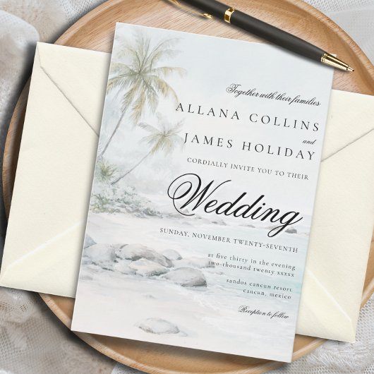 Elegant Tropical Palm Watercolor Beach Wedding Kaart