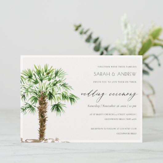 Elegant Tropical Palm Waterverf Wedding Invite Bedankkaart (Staand voorkant)