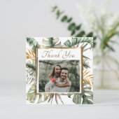 Elegant Tropical Palms Gold Lijst Foto bruiloft Bedankkaart (Staand voorkant)