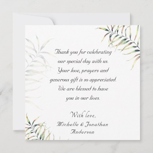 Elegant Tropical Palms Gold Lijst Foto bruiloft Bedankkaart (Achterkant)