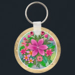 Elegant Tropical Pink Floral I Flowers Bouquet Sleutelhanger<br><div class="desc">Elegant Tropical Pink Floral I Flowers Bouquet Keychain. Tropical Pink Floral Keychain – Vibrant Summer Flower Bouquet Design with Faux Gold Frame. This vibrant round keychain features a stunning 3D-style digital illustration of a lush tropical bouquet. With a central bright pink lily surrounded by delicate hibiscus and verdant ferns, the...</div>