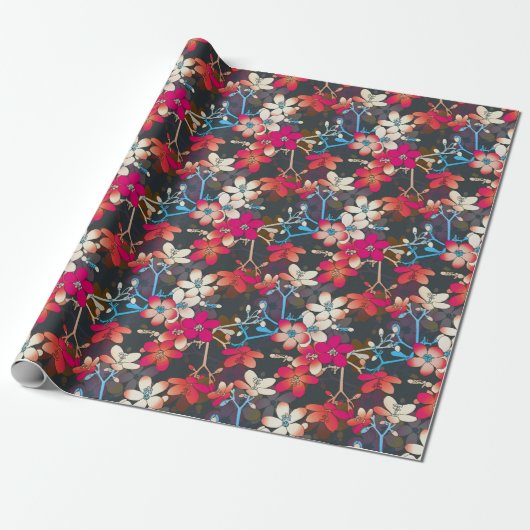 Elegant Tropical Pink Oranje Flowers Patroon Cadeaupapier (Uitgerold)