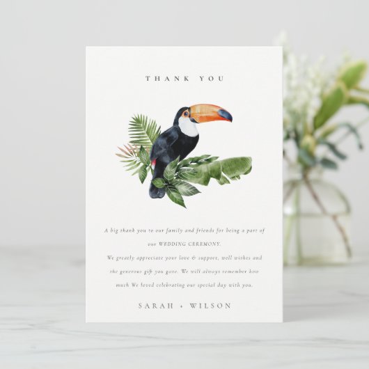 Elegant Tropical Rainforest Toucan Fauna Wedding Bedankkaart (Staand voorkant)