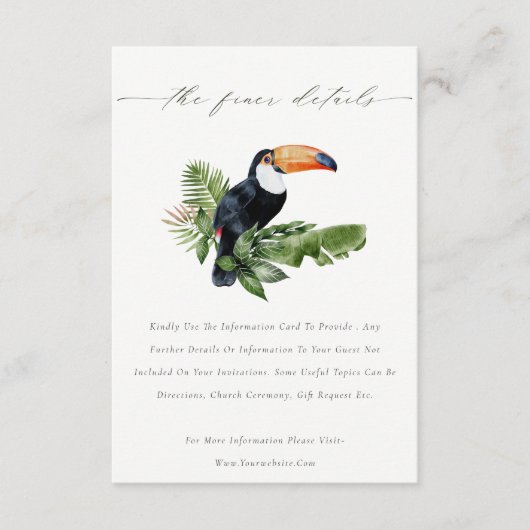 Elegant Tropical Rainforest Toucan Wedding Details Informatiekaartje (Voorkant)