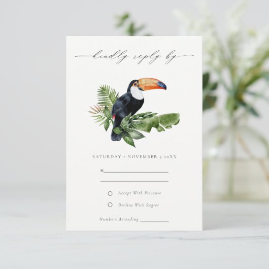 Elegant Tropical Rainforest Toucan Wedding RSVP Kaartje (Staand voorkant)
