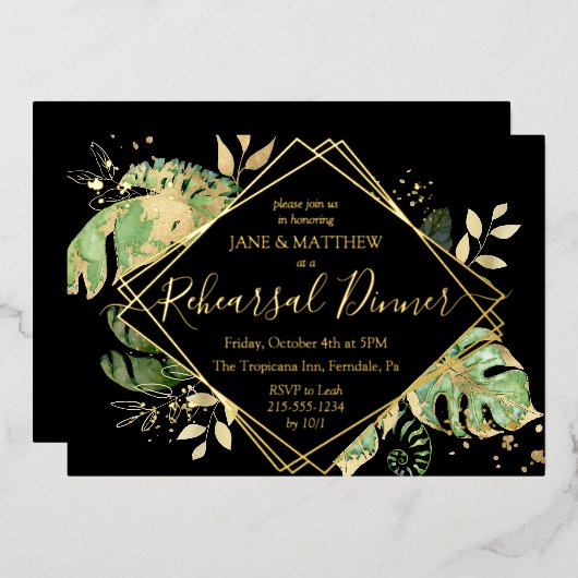 Elegant Tropical Rehearsal Dinner Black & Gold Foi Folie Uitnodiging (Voorkant / Achterkant)