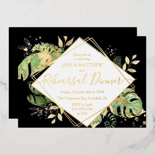 Elegant Tropical Rehearsal Dinner Black & Gold Folie Uitnodiging (Voorkant / Achterkant)