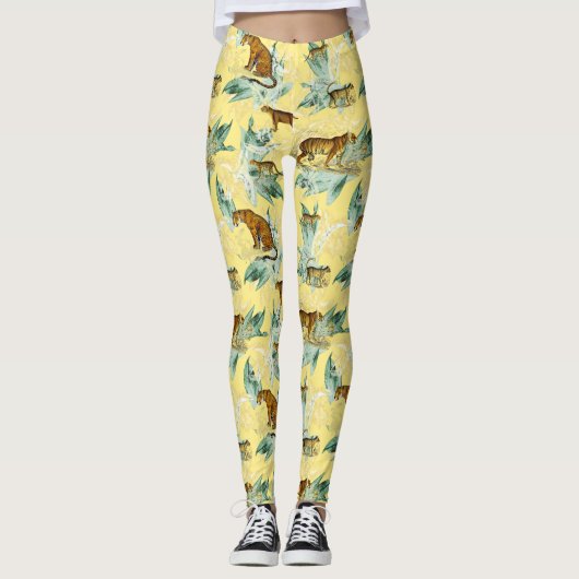 Elegant Tropical Safari Wild Cats Tiger Yellow Leggings (Voorkant)