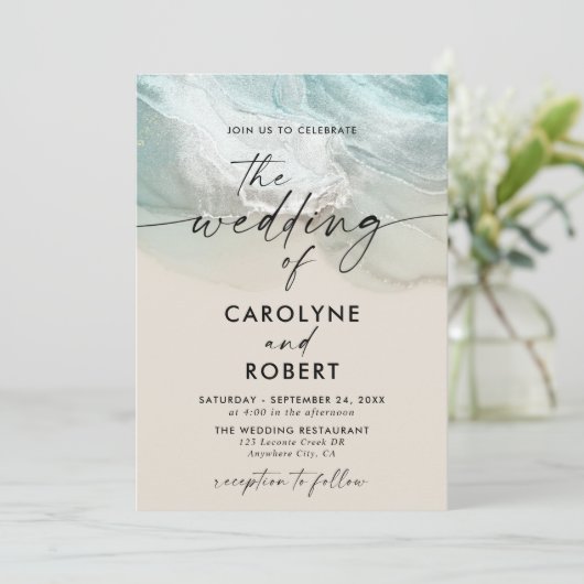 Elegant Tropical Summer Blue Ocean Beach Wedding Kaart (Staand voorkant)