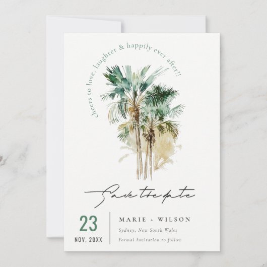 Elegant Tropical Waterverf Palm Trees Script Save The Date (Voorkant)