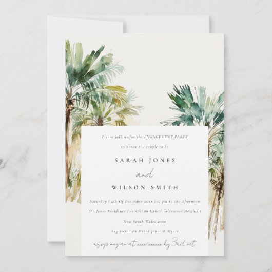 Elegant Tropical Waterverf Palm Trees Verloving Kaart (Voorkant)