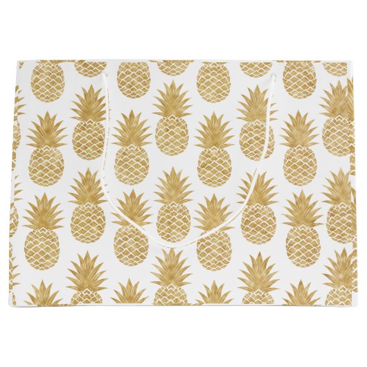 Elegant Tropical White Gold Pineapple Patroon Groot Cadeauzakje (Voorkant)