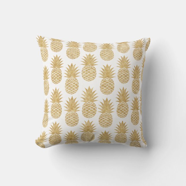 Elegant Tropical White Gold Pineapple Patroon Kussen (Voorkant)