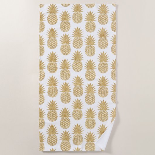 Elegant Tropical White Gold Pineapple Patroon Strandlaken (Voorkant)