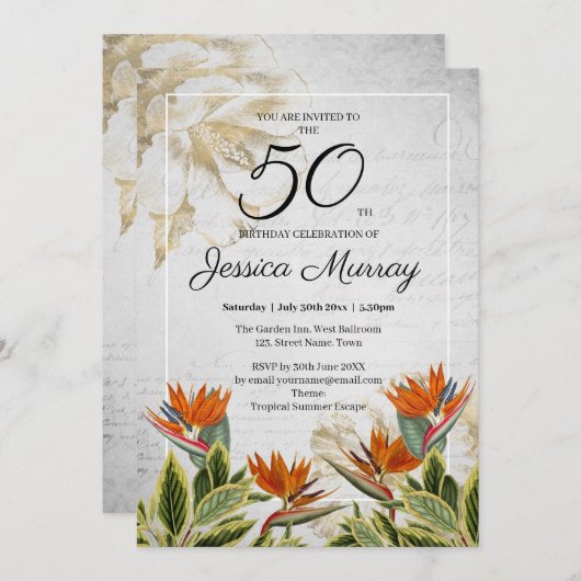 Elegant Tropisch 50ste Verjaardagsfeest Kaart (Voorkant / Achterkant)