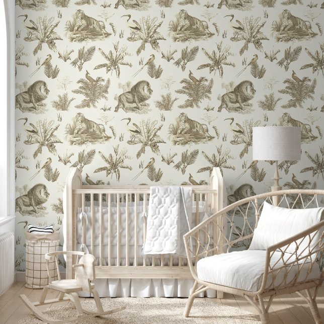 Elegant  Tropisch Dier Beige Toile Behang (Kinderen)