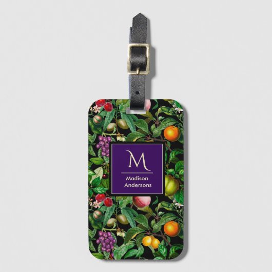 Elegant tropisch fruit zwart patroon monogram bagagelabel (Voorkant (verticaal))