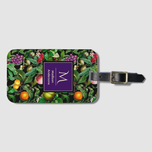 Elegant tropisch fruit zwart patroon monogram bagagelabel (Voorkant (horizontaal))