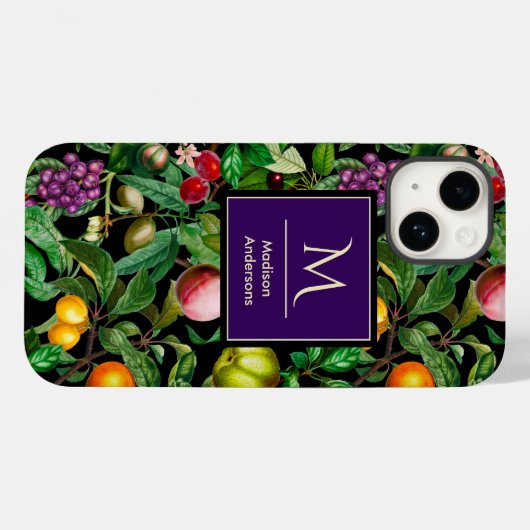 Elegant tropisch fruit zwart patroon monogram Case-Mate iPhone case (Achterkant (horizontaal))