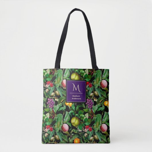 Elegant tropisch fruit zwart patroon monogram tote bag (Voorkant)