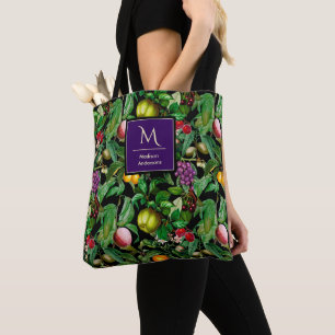 Elegant tropisch fruit zwart patroon monogram tote bag